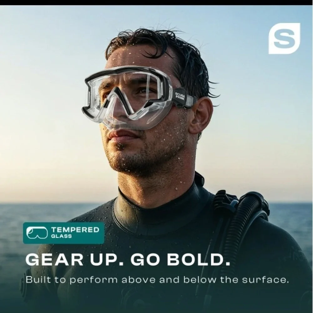 Scuba Prime Panoramic Dive Mask 180° Tempered Glass 3-Window Snorkeling Scuba...